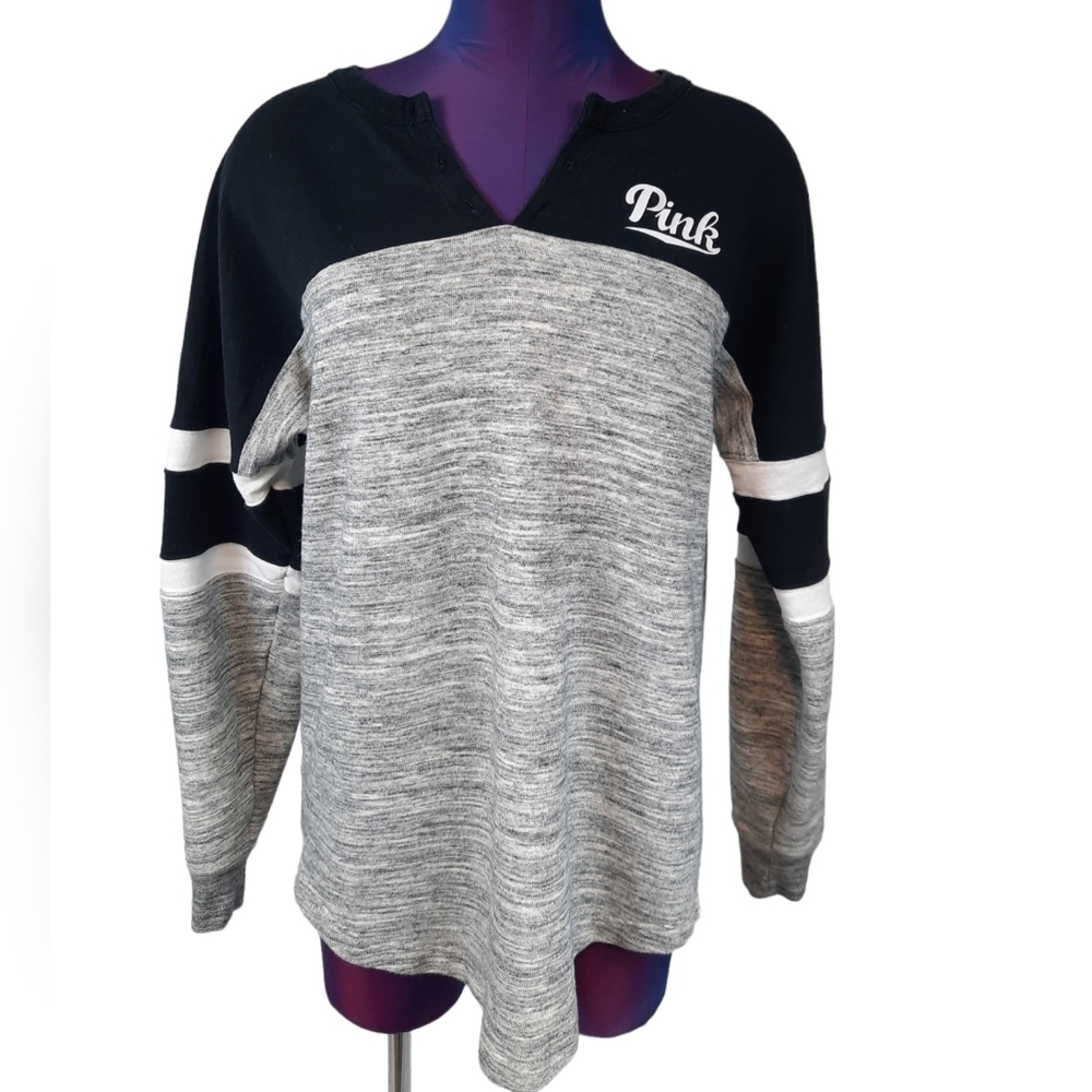 PINK Victoria's Secret Varsity Sweatshirt Heather Gray & Black Size Small O1